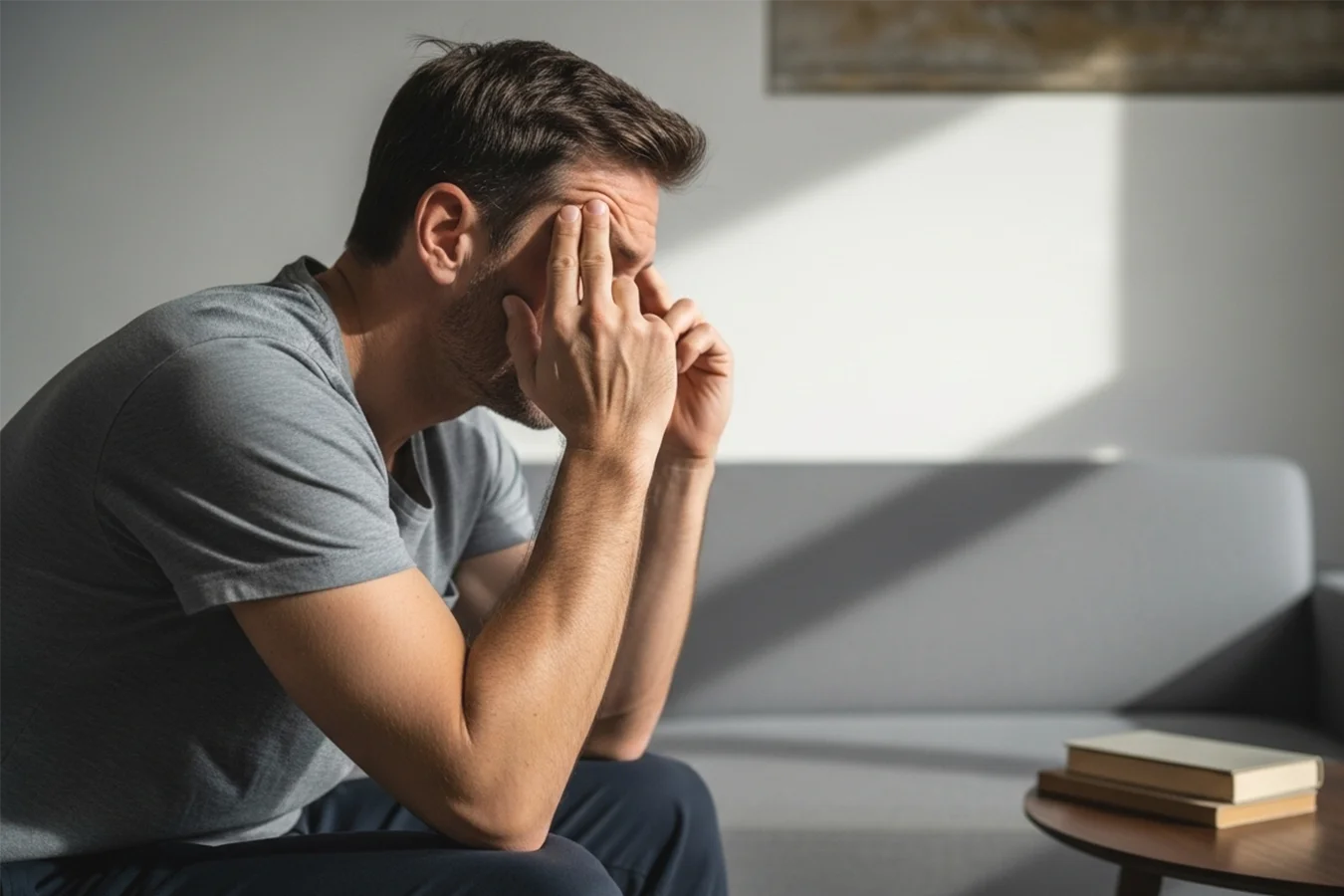 Мужчина держит пальцы у висков